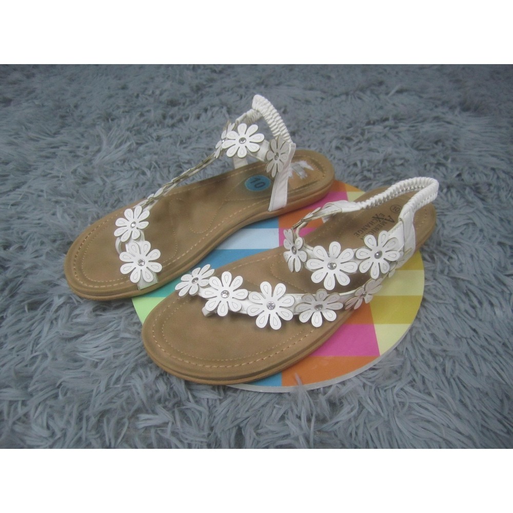 American Exchange Sandals Girls Size 10 White Floral Rhinestone Strappy Thong